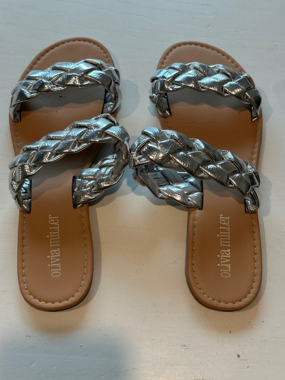 Olivia Miller Metallic Silver Braided Slide Sandals